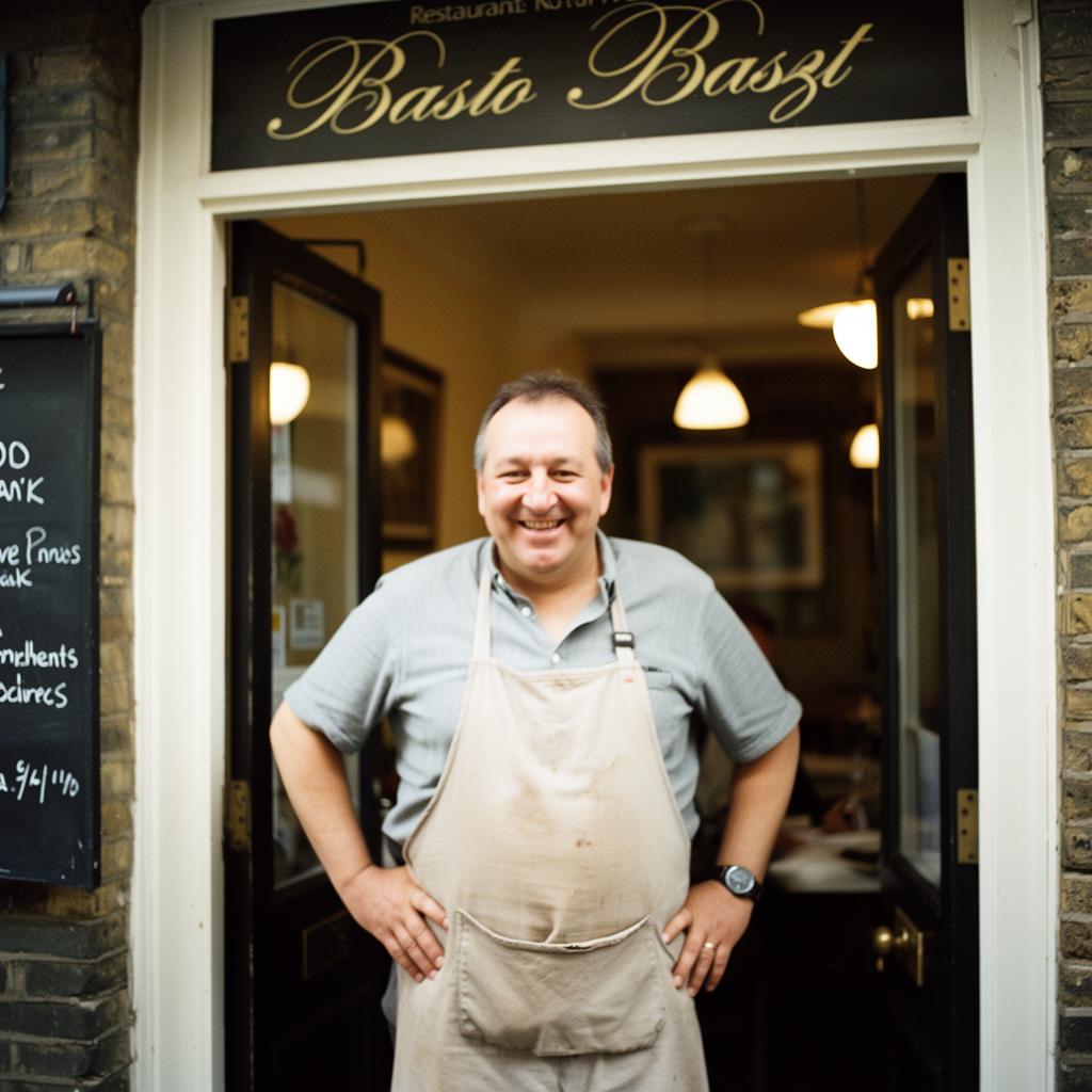 Friendly restaurant owner welcoming guests at his bistro entrance